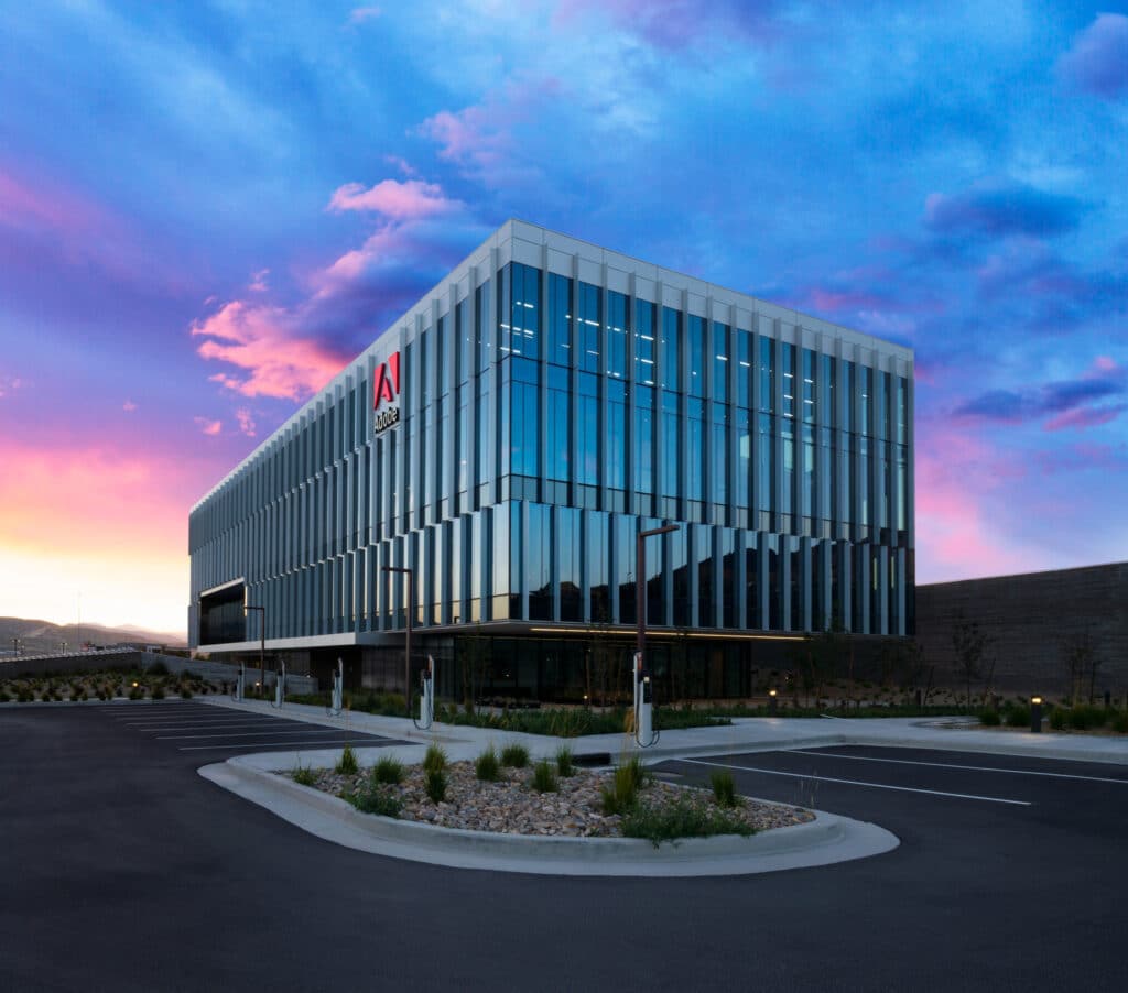 Exterior view of Adobe building at sunset, located in Lehi, Utah.