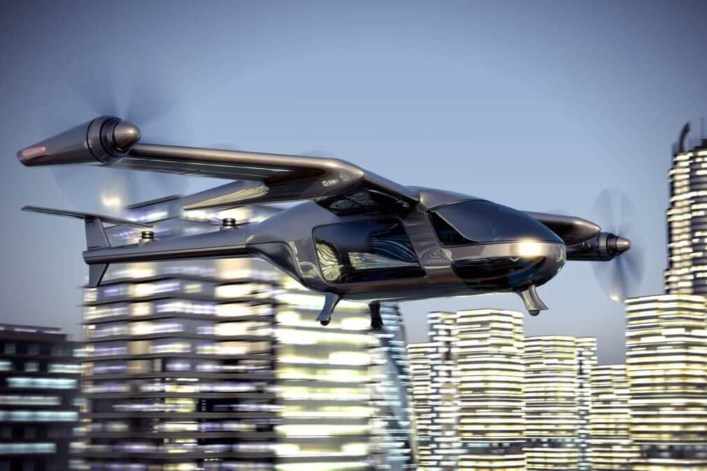 futuristic airplane with cityscape in the background 