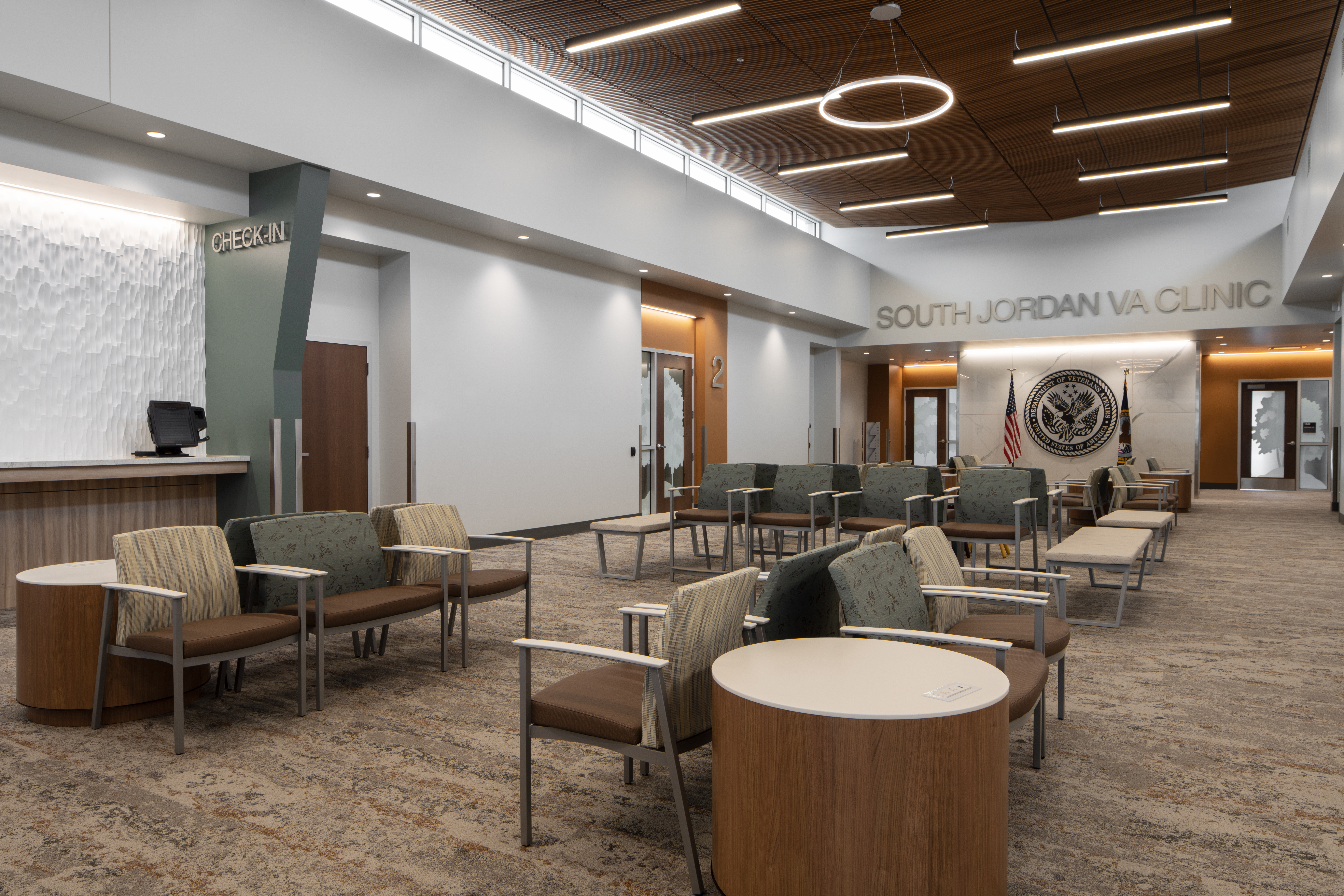 Interior of South Jordan VA building, reception desk and waiting area