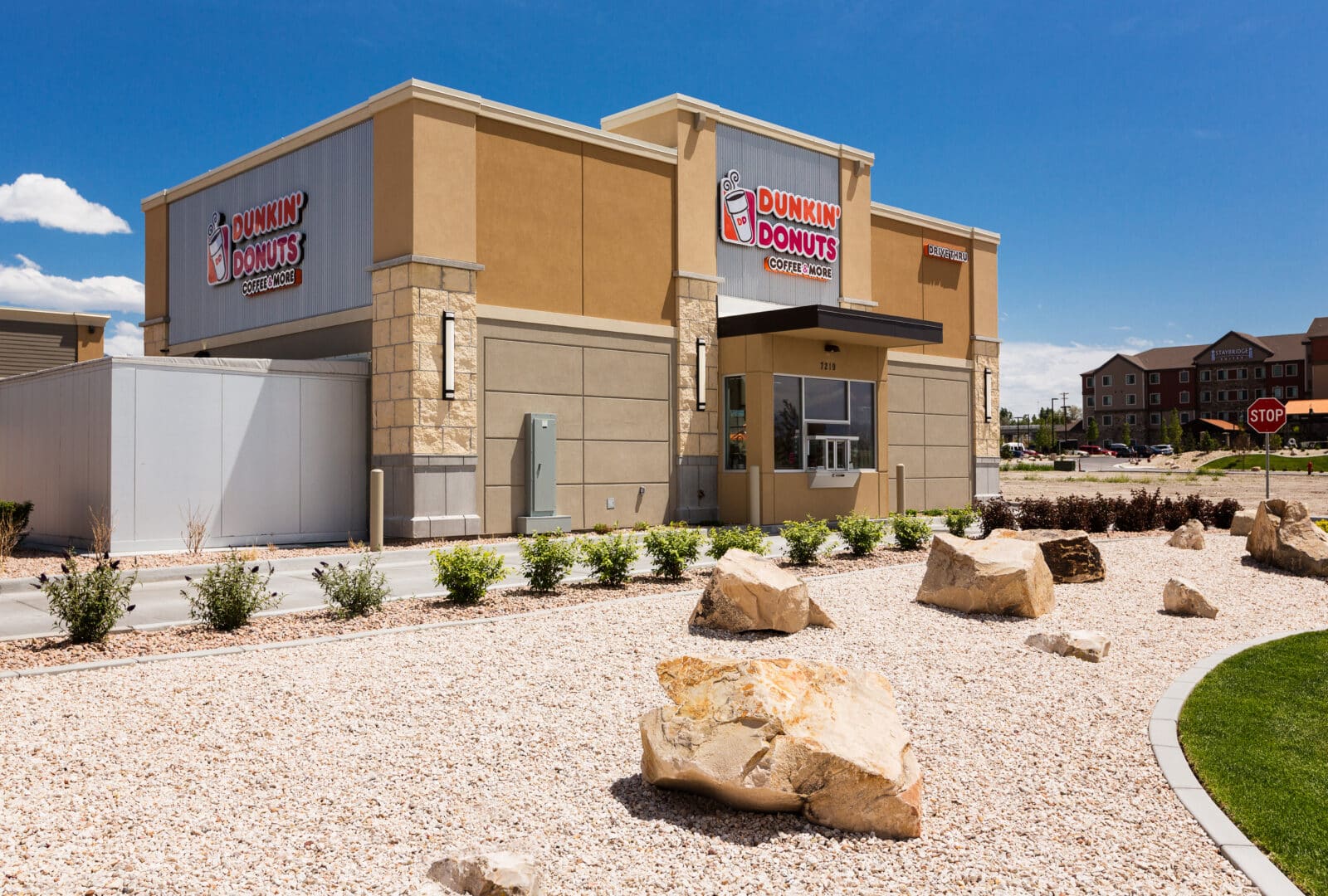 Exterior view of View 72 retail space, Dunkin Donuts