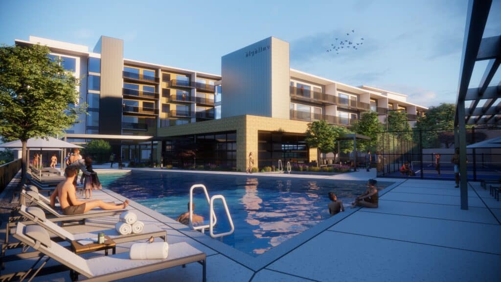 Exterior view of Highline Apartments, pool area
