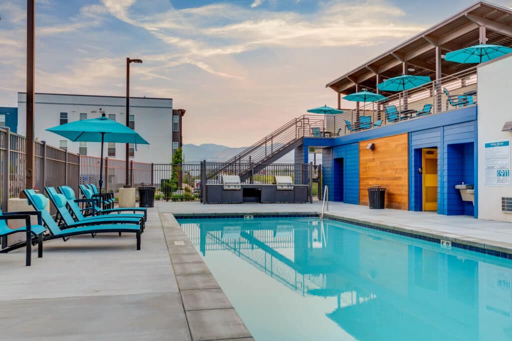Exterior view of VIDA multifamily development, pool