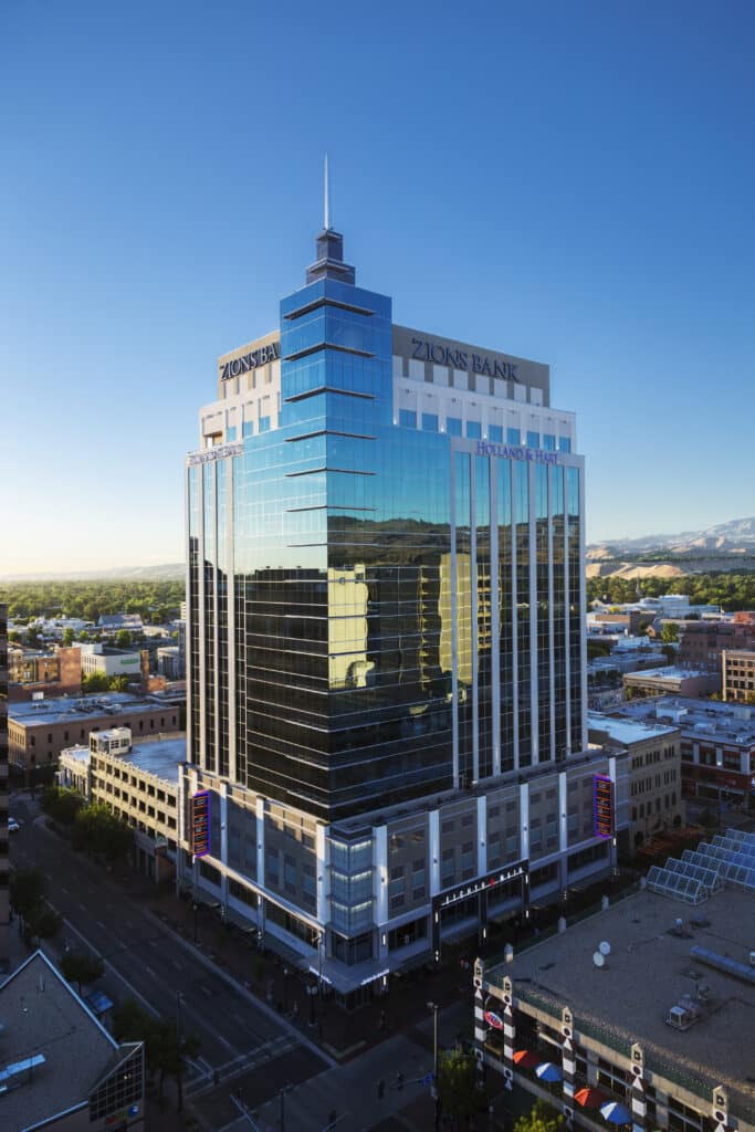 Exterior view of 8th & Main building, daytime
