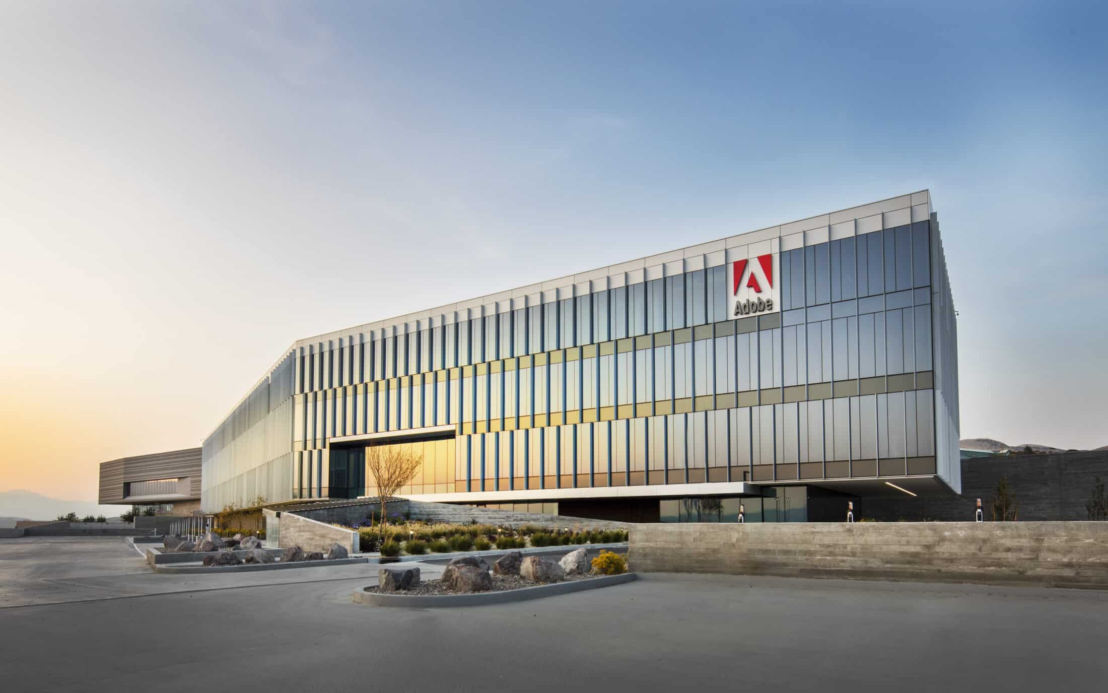 Exterior view of Adobe building at sunset