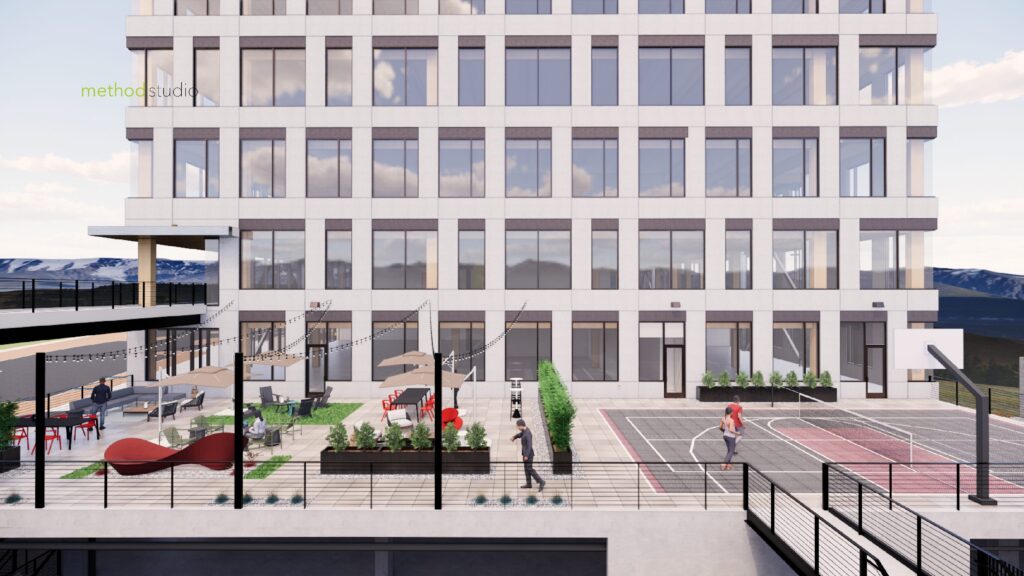 Exterior rendering of Baltic Pointe building and outdoor space