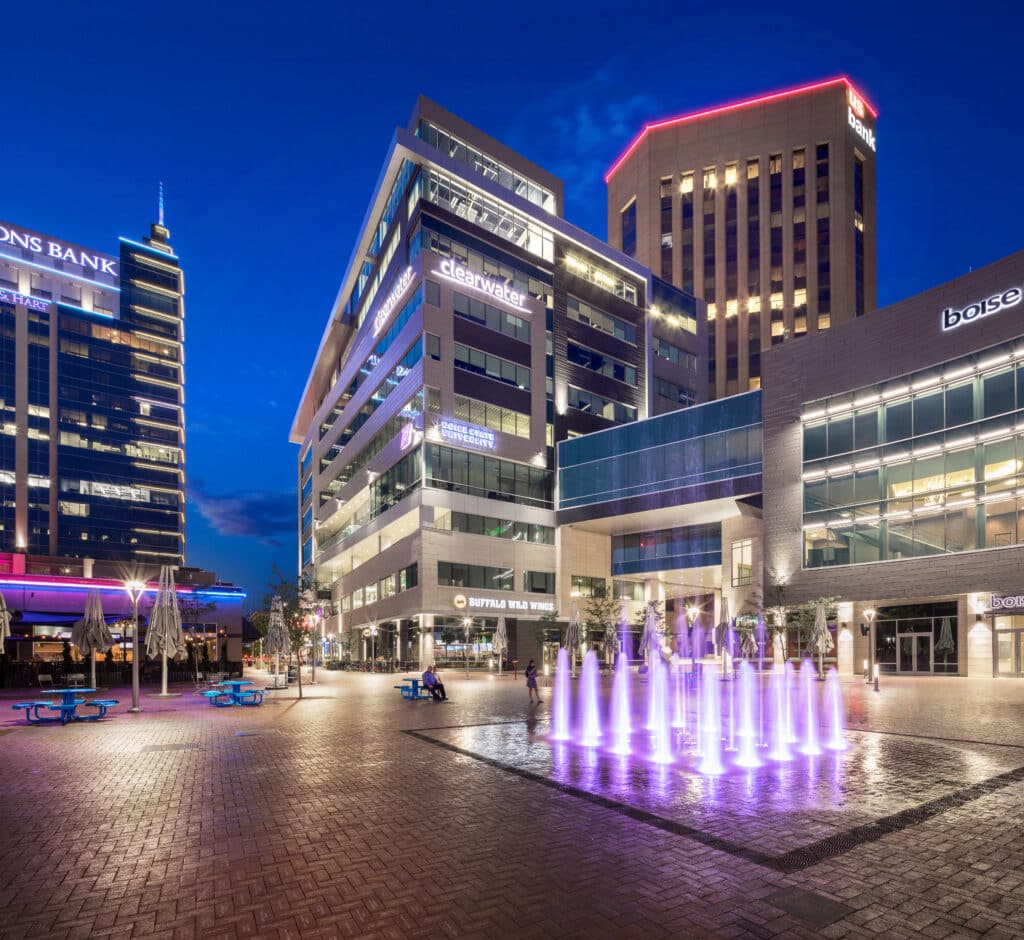 Exterior of City Center in Boise, nighttime