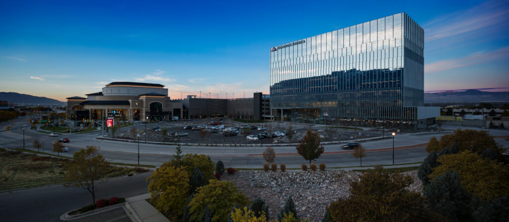 Exterior of Mountain America Credit Union building at sunset