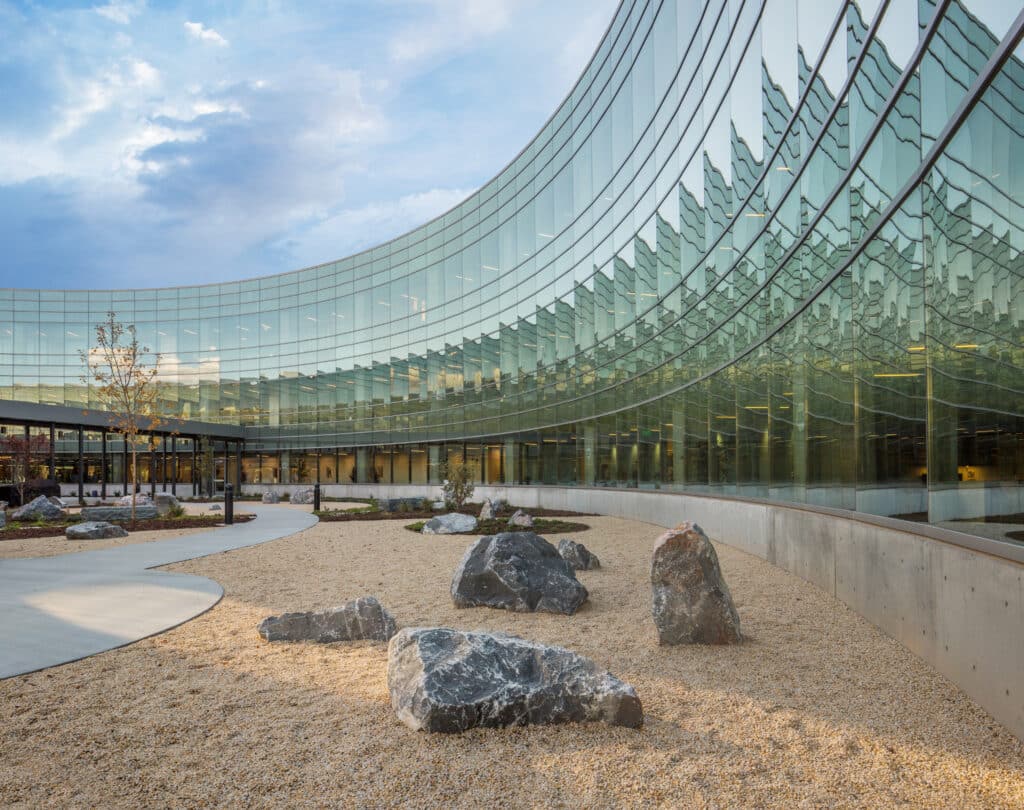 Exterior of Overstock building, daytime