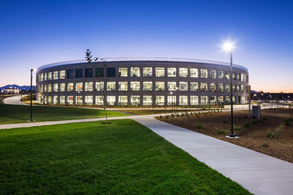 Exterior of Overstock building, nighttime