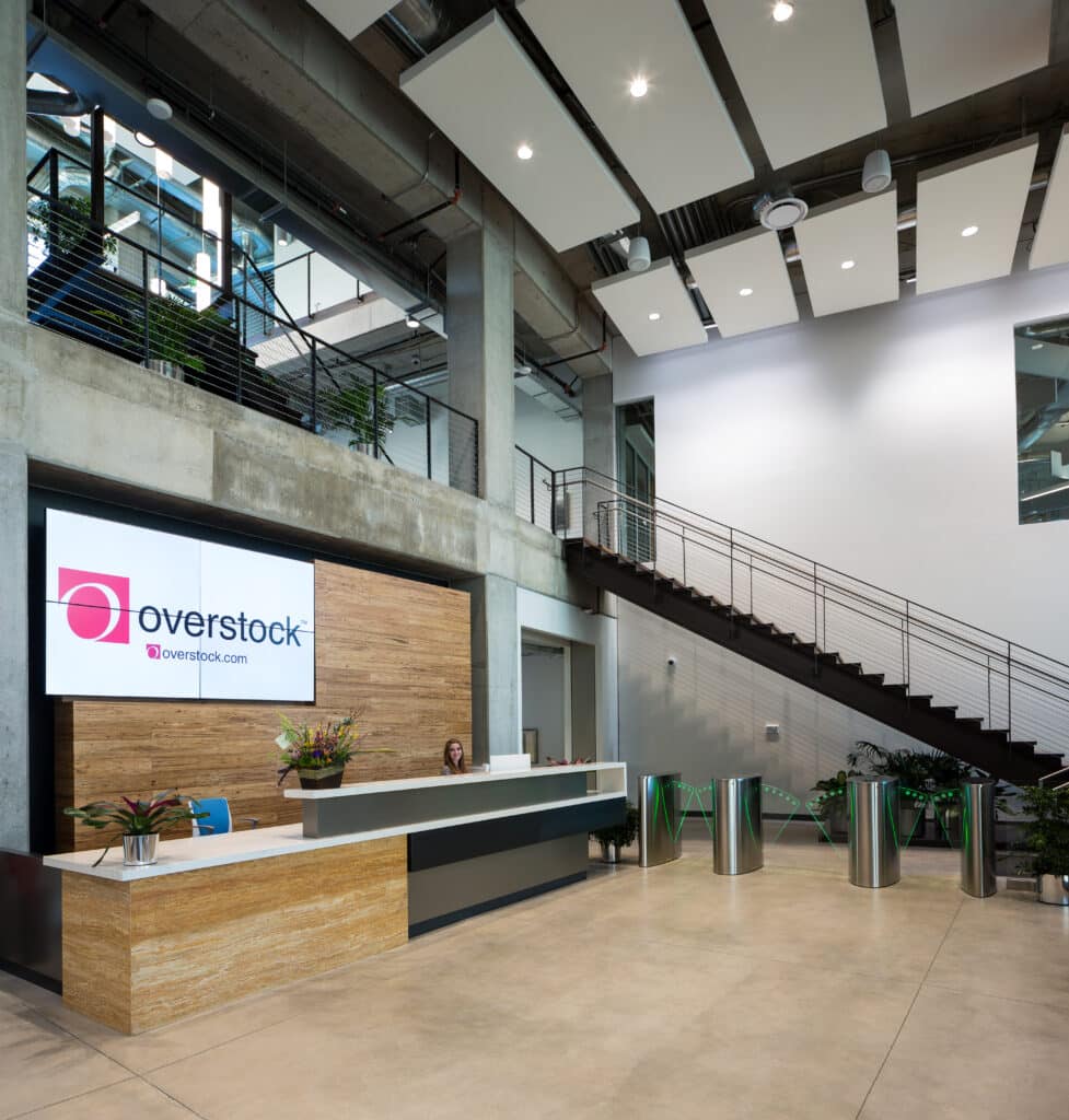 Interior of Overstock building, main desk
