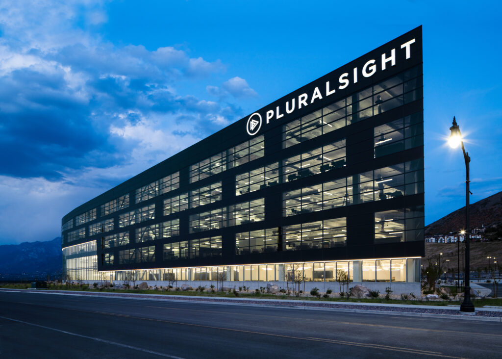 Exterior of Pluralsight building, nighttime