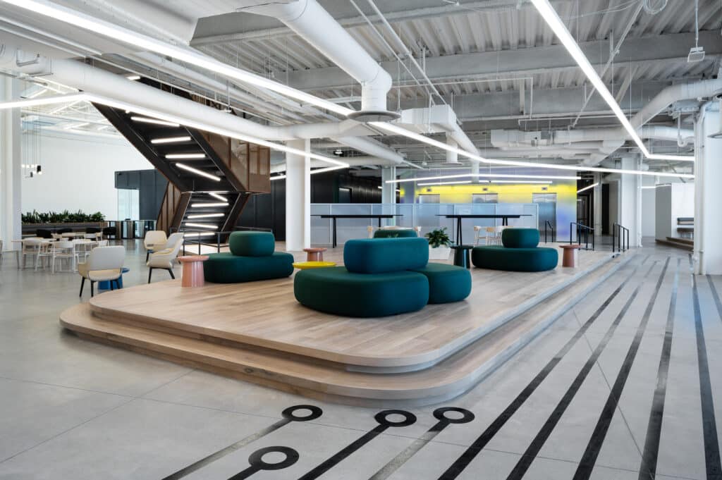Interior of Pluralsight building, large open seating area