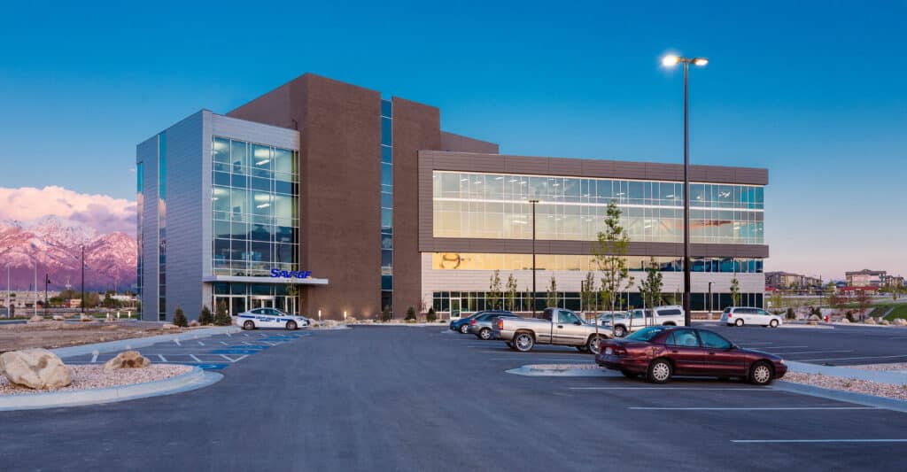 Exterior of Savage building at sunset