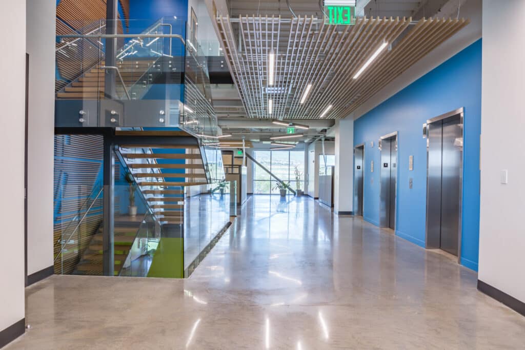 Interior of Solution Reach building, stairway and elevators