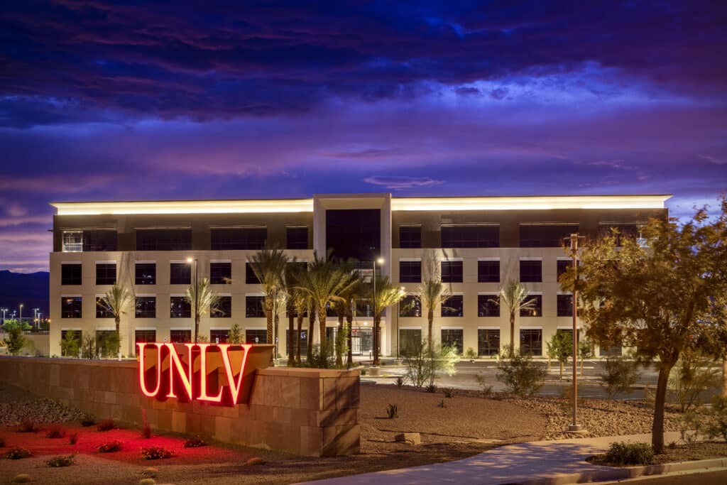 Exterior of UNLV Tech building, nighttime