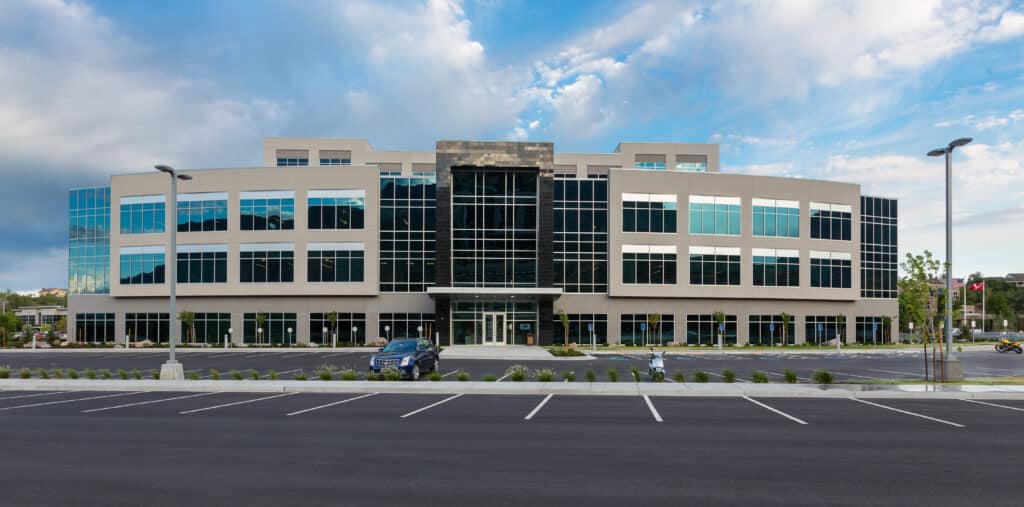 Exterior of Vivint Riverwoods and parking lot