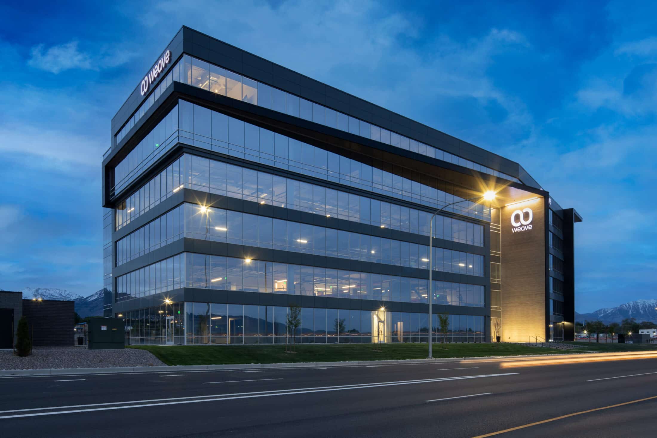 Exterior of Weave building, nighttime