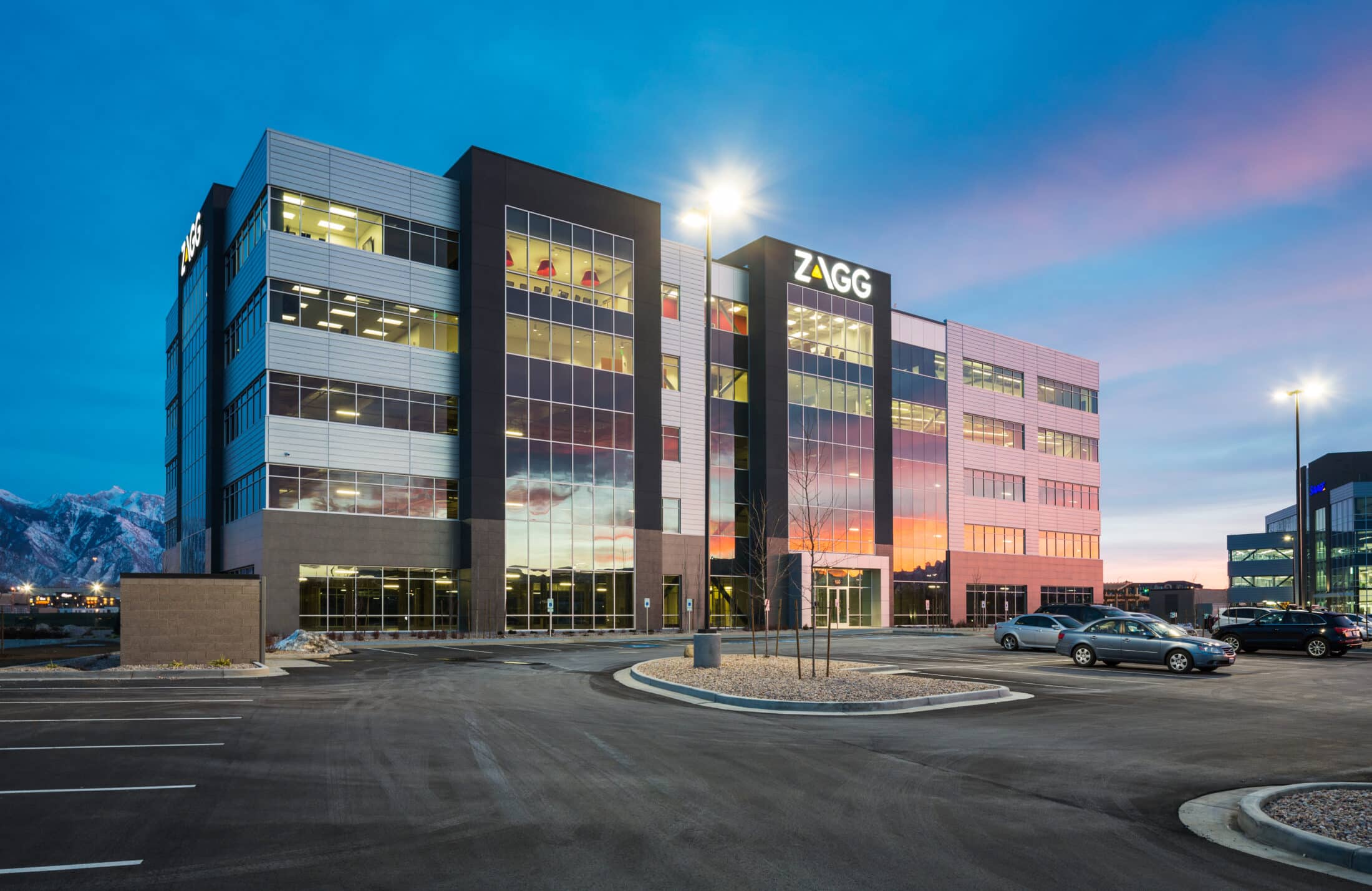 Gardner_Office_Zagg EXT 03 Exterior of ZAGG building at nighttime