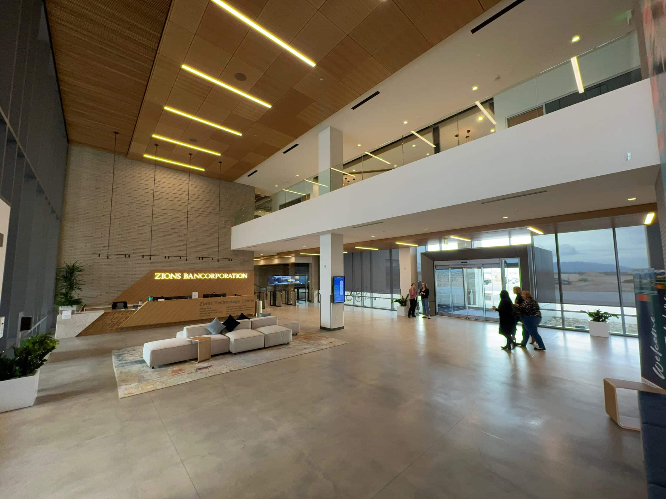 Interior of Zions Technology Center building, front lobby and reception desk