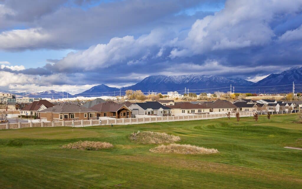 Exterior of Riverwalk residential development and grounds, daytime