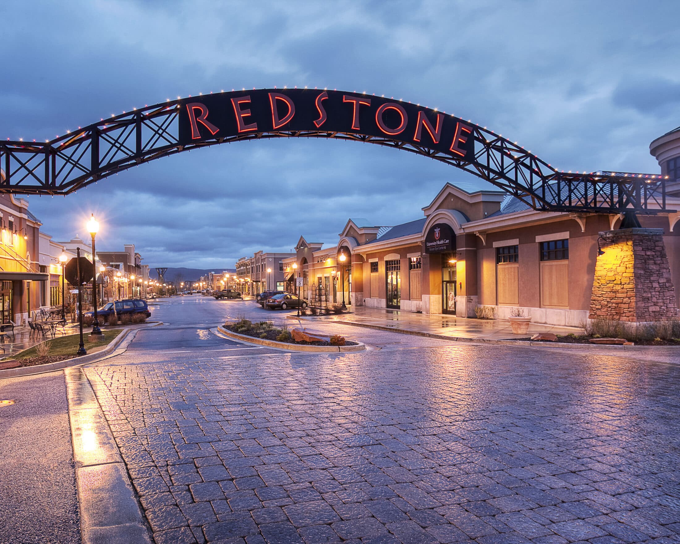 Exterior of Redstone retail space, nighttime