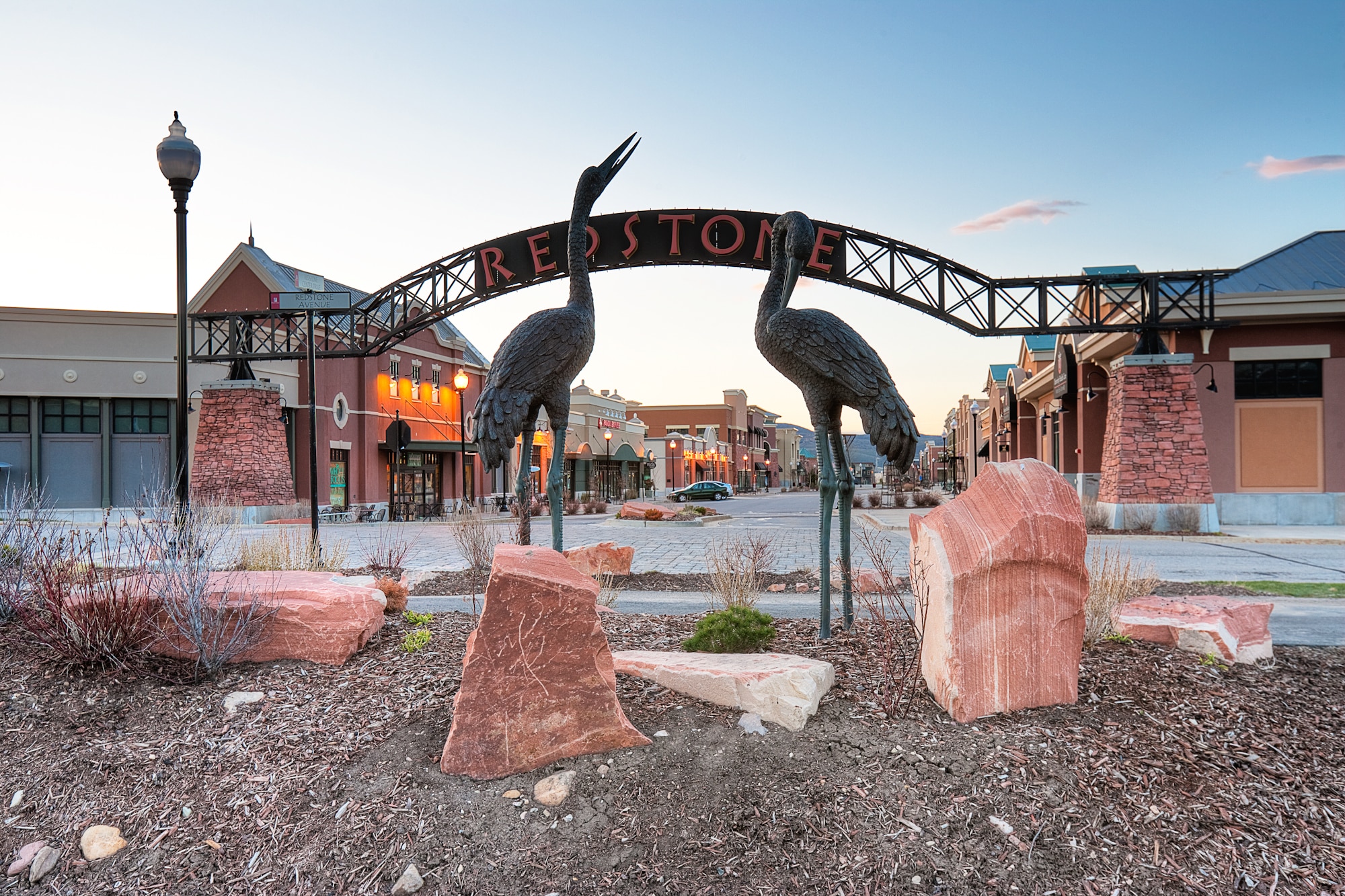 Exterior of Redstone retail space, statues of 2 cranes