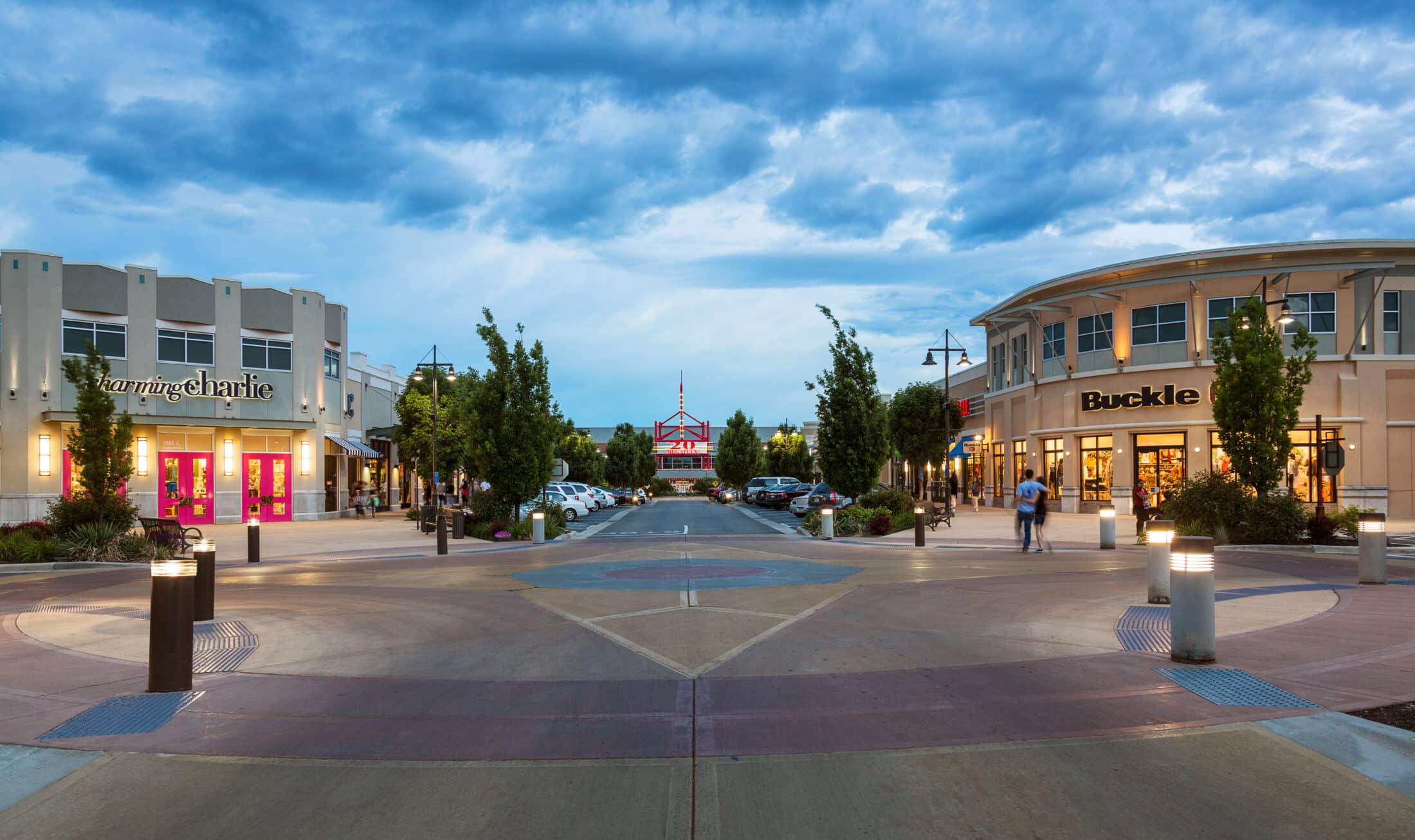 Exterior of The District at night