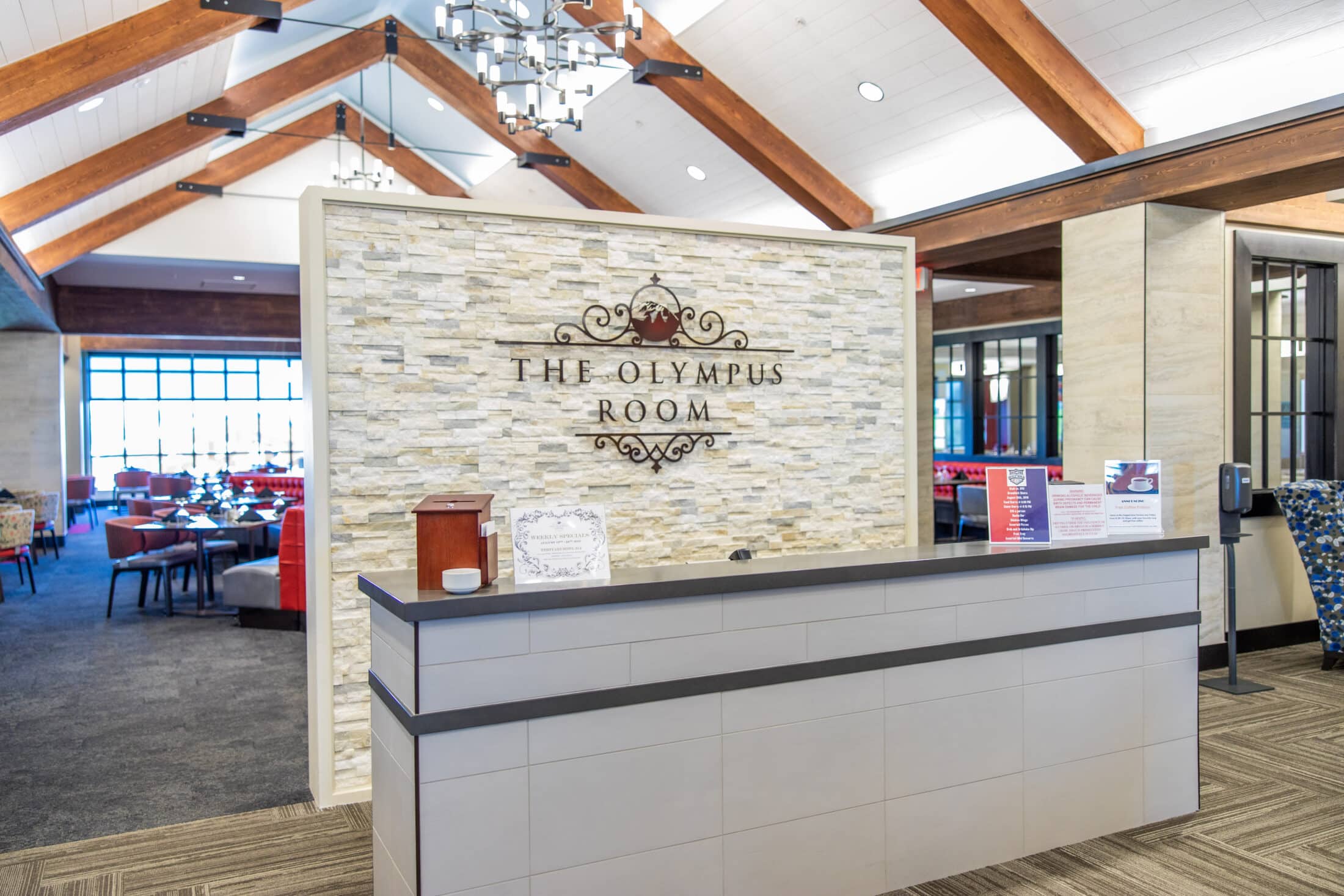 Interior of Summit Vista, reception desk of the Olympus Room