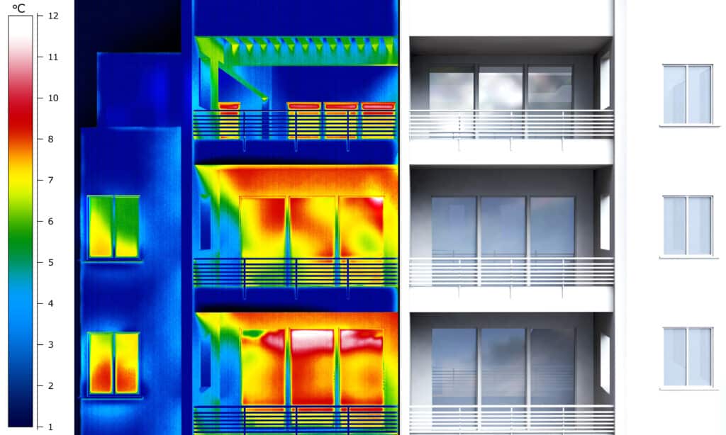 Captured through thermal imaging, a vivid display of heat loss escaping through the windows. Energy modeling in the design phase can help predict the building’s operational efficiency.