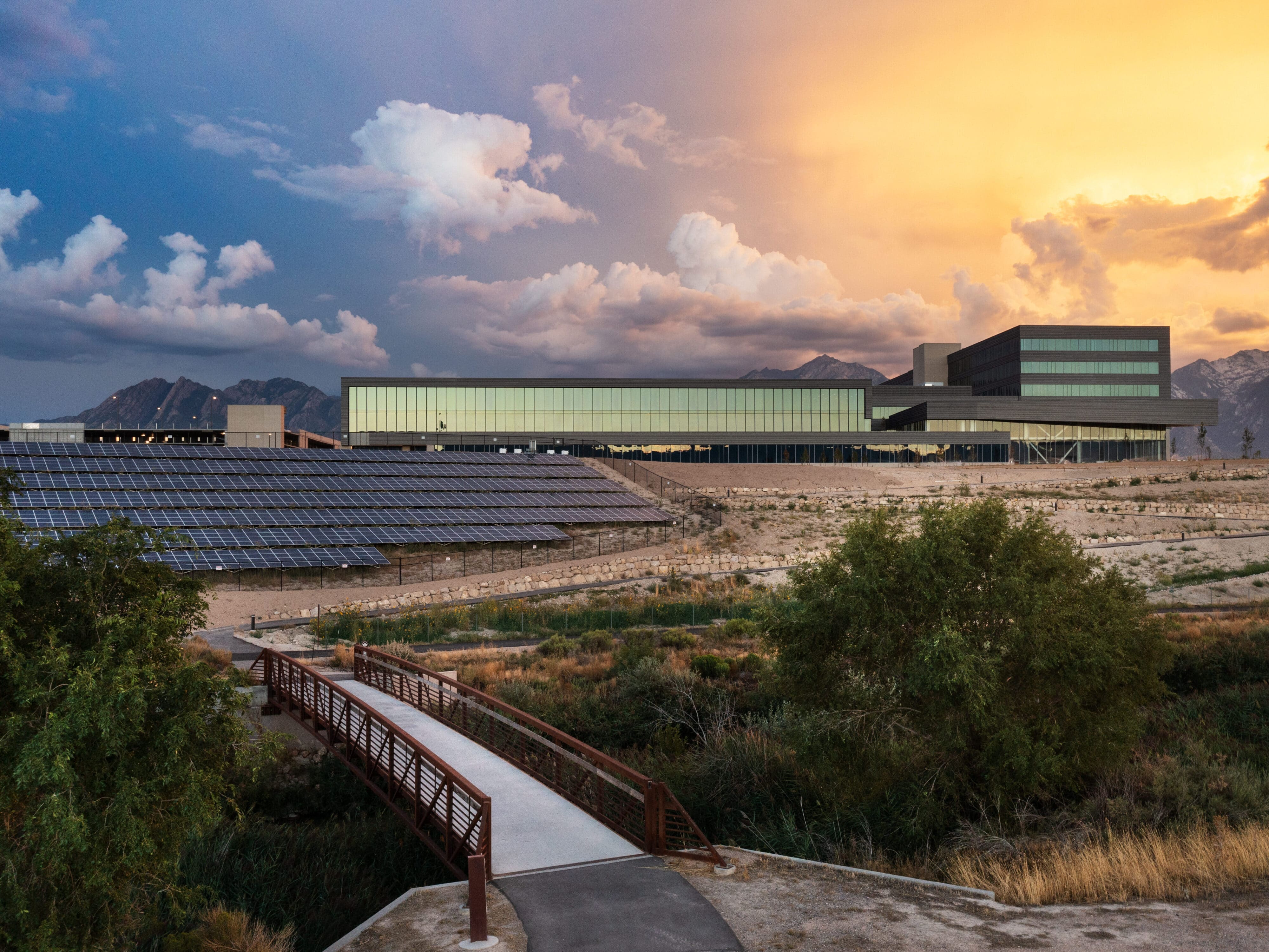 Exterior of Zions Technology Center building at sunset