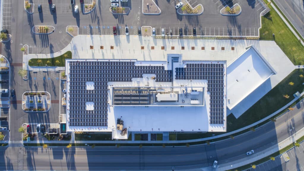 Rooftop solar panels adorn this Utah office building developed by Gardner.