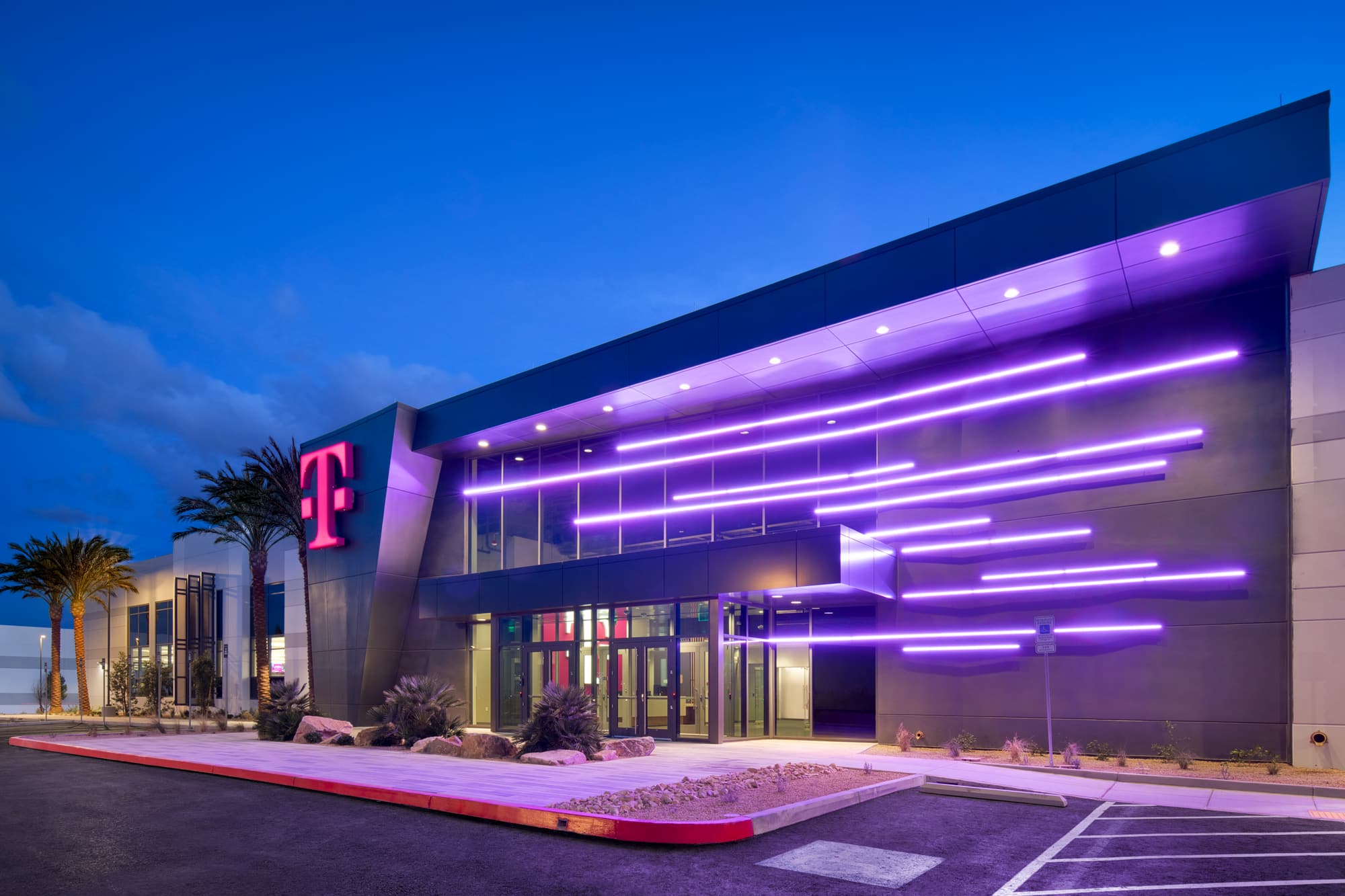 Exterior T-Mobile for Business Customer Experience Center, at dusk