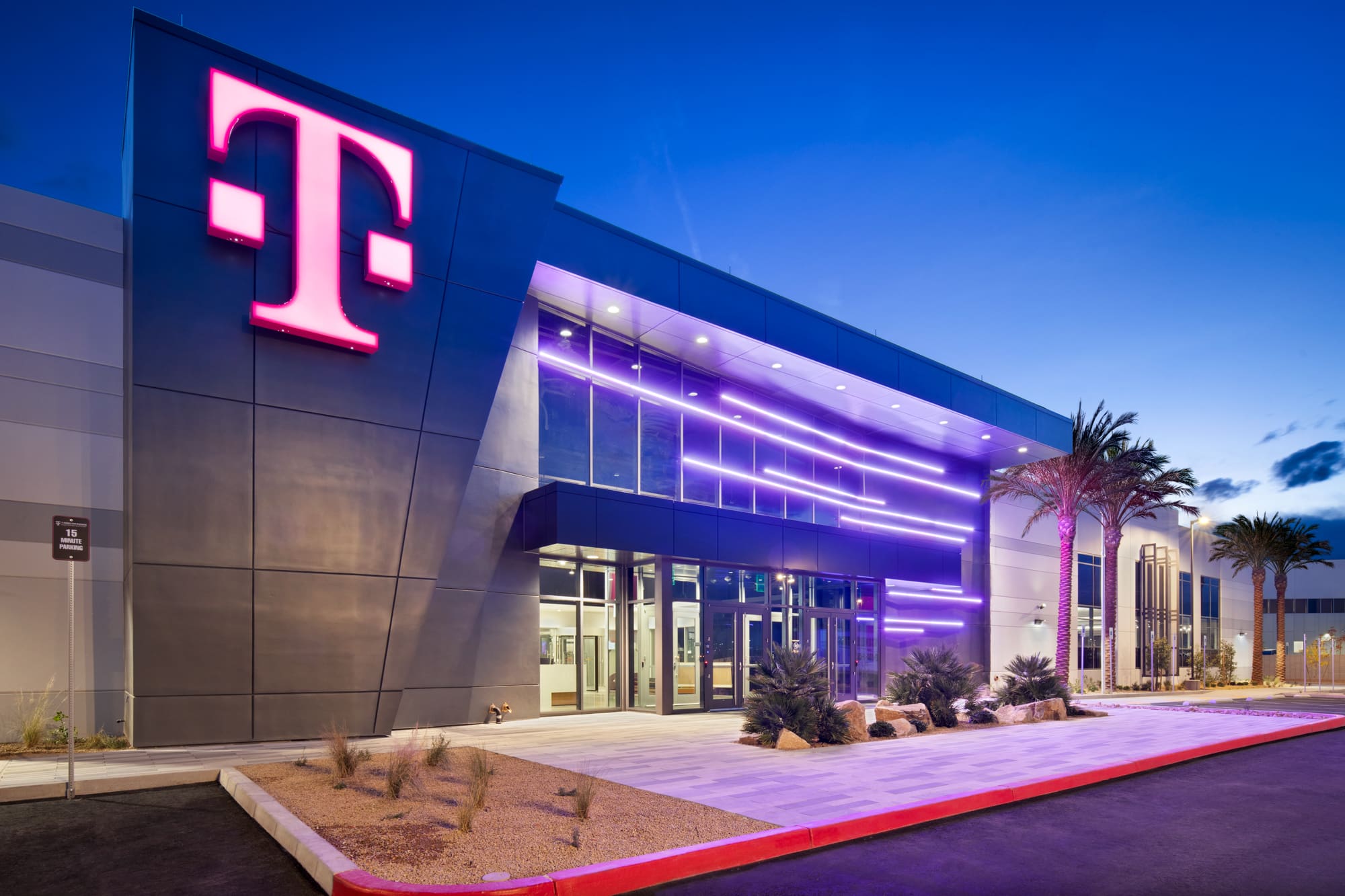 Exterior T-Mobile for Business Customer Experience Center, at dusk