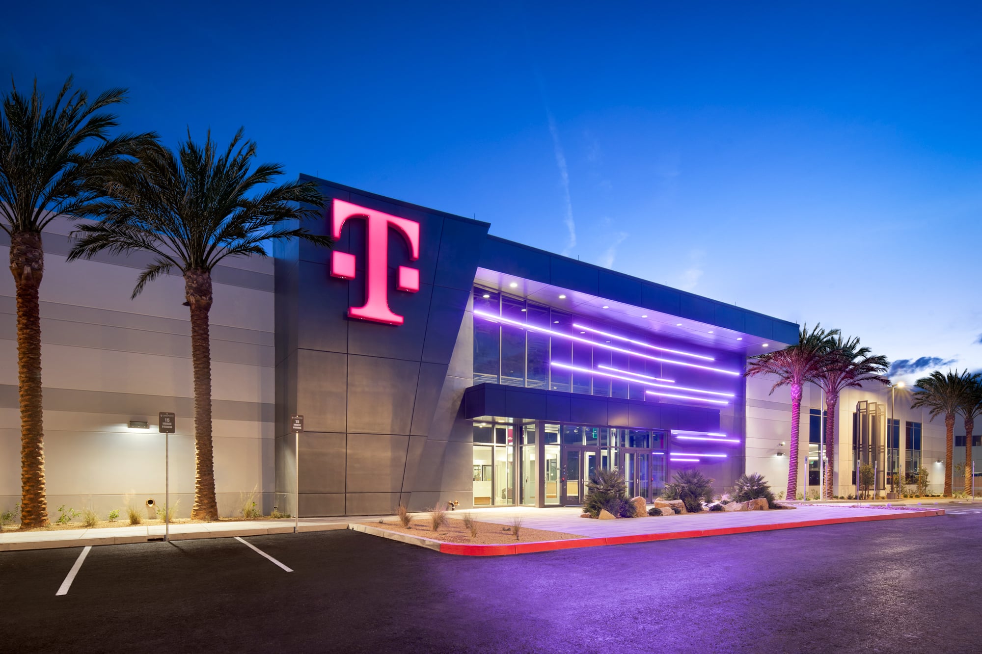 Exterior T-Mobile for Business Customer Experience Center, at dusk