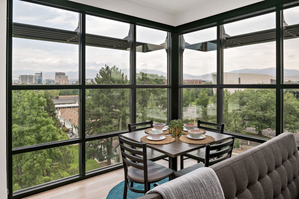 Interior Space, corner windows at the Osprey Student Housing Boise State